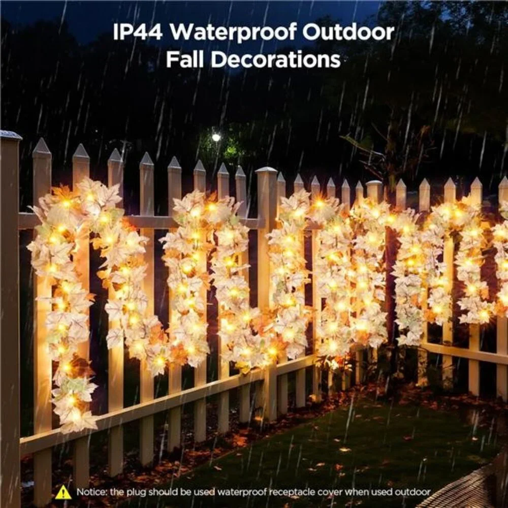 9Ft Fall Garland with Lights Plug in Fall Decorations for Home 50 White Bulbs